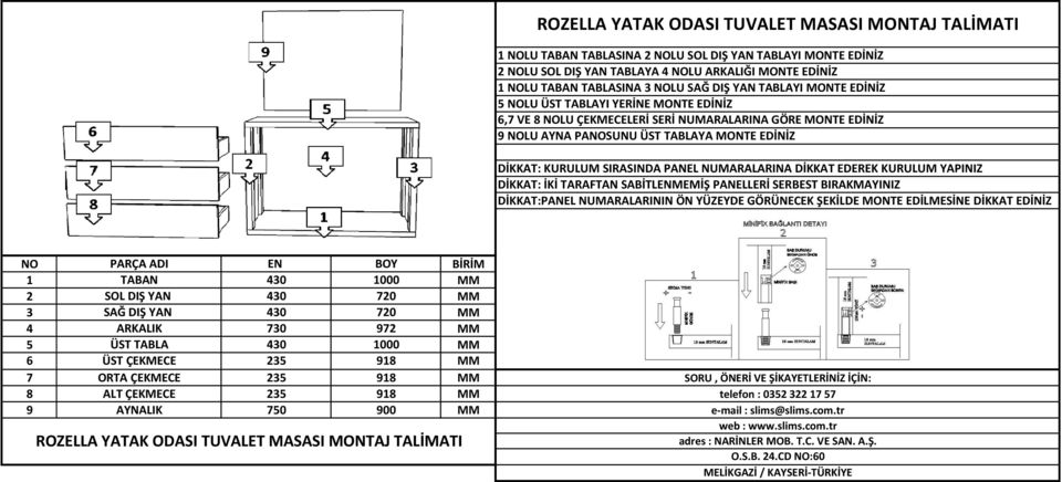 NUMARALARINA GÖRE MONTE EDİNİZ 9 NOLU AYNA PANOSUNU ÜST TABLAYA MONTE EDİNİZ NO PARÇA ADI 430 1000 2 SOL DIŞ YAN 430 720 3 SAĞ DIŞ YAN 430 720 4 ARKALIK