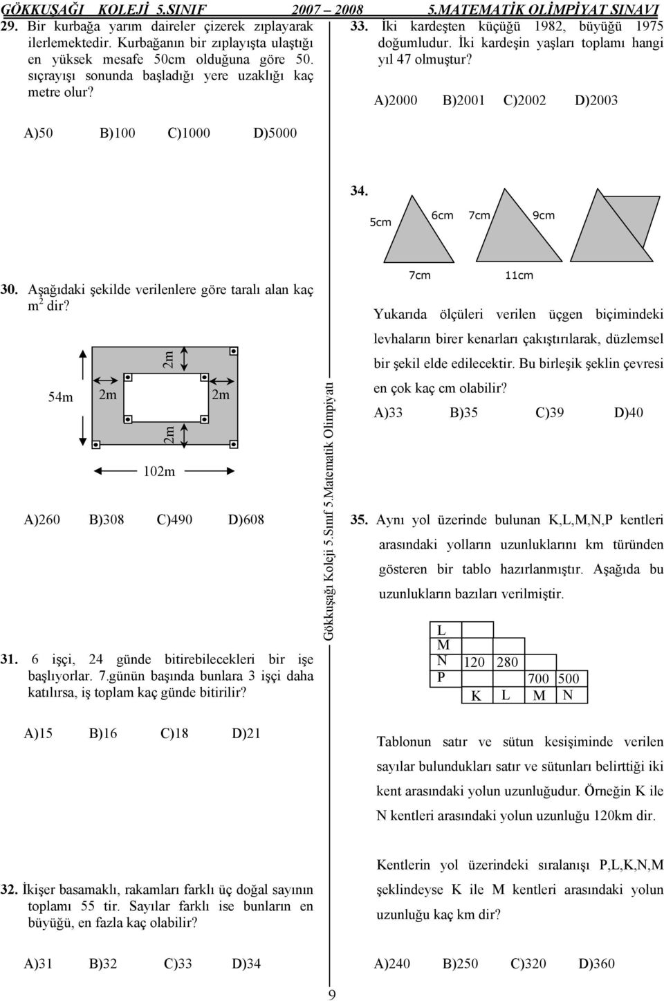 A)2000 B)2001 C)2002 D)2003 A)50 B)100 C)1000 D)5000 34. 5cm 6cm 7cm 9cm 30. Aşağıdaki şekilde verilenlere göre taralı alan kaç m 2 dir? 54m 2m 2m 2m 102m 2m A)260 B)308 C)490 D)608 31.