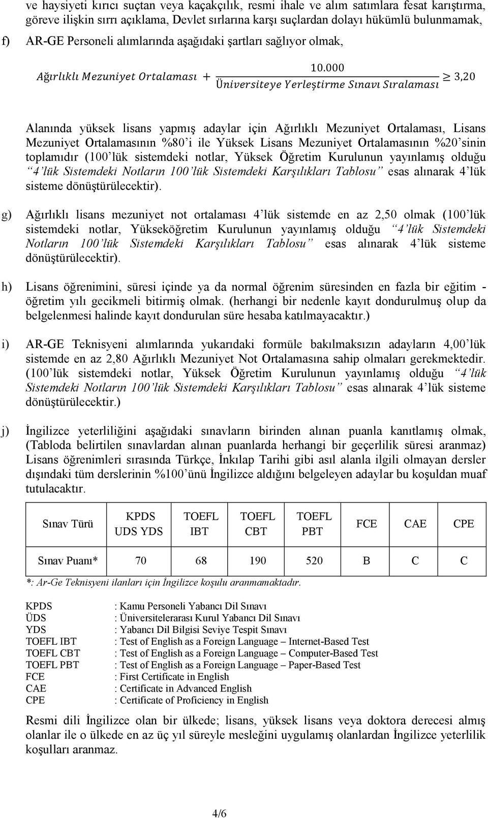 000 Üniversiteye Yerleştirme Sınavı Sıralaması 3,20 Alanında yüksek lisans yapmış adaylar için Ağırlıklı Mezuniyet Ortalaması, Lisans Mezuniyet Ortalamasının %80 i ile Yüksek Lisans Mezuniyet