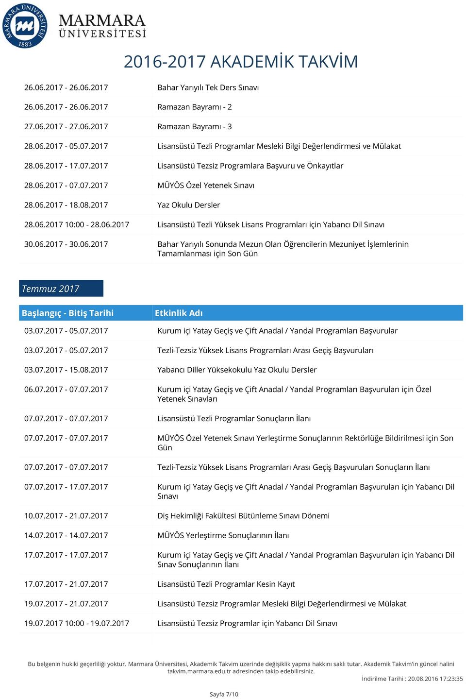 06.2017-18.08.2017 Yaz Okulu Dersler 28.06.2017 10:00-28.06.2017 Lisansüstü Tezli Yüksek Lisans Programları için Yabancı Dil Sınavı 30.06.2017-30.06.2017 Bahar Yarıyılı Sonunda Mezun Olan Öğrencilerin Mezuniyet İşlemlerinin Tamamlanması için Son Gün Temmuz 2017 03.