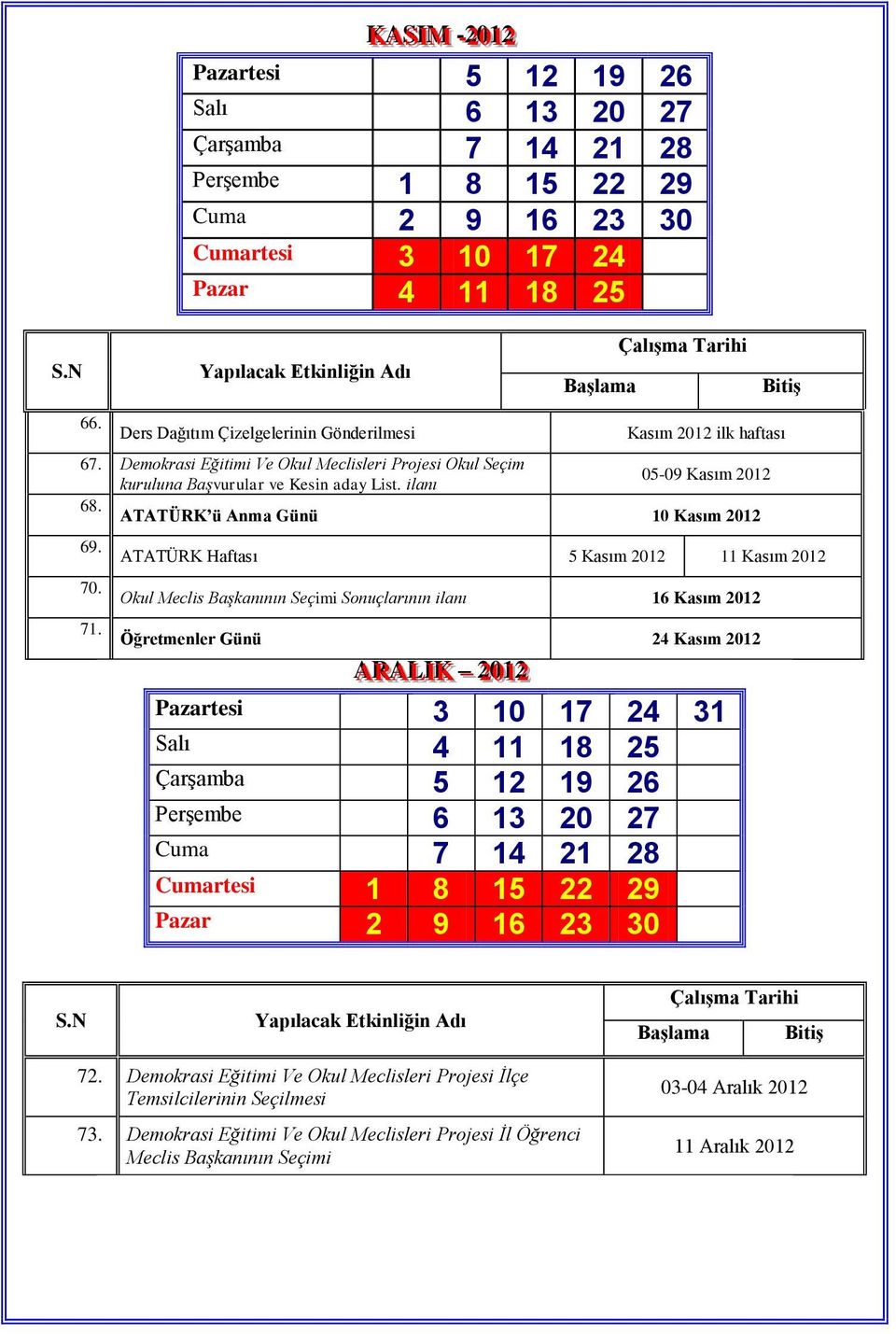 7 ATATÜRK ü Anma Günü 7 10 Kasım 2012 69. 7 ATATÜRK Haftası 8 5 Kasım 2012 11 Kasım 2012 70. 8 Okul Meclis Başkanının Seçimi Sonuçlarının ilanı 0 16 Kasım 2012 71.