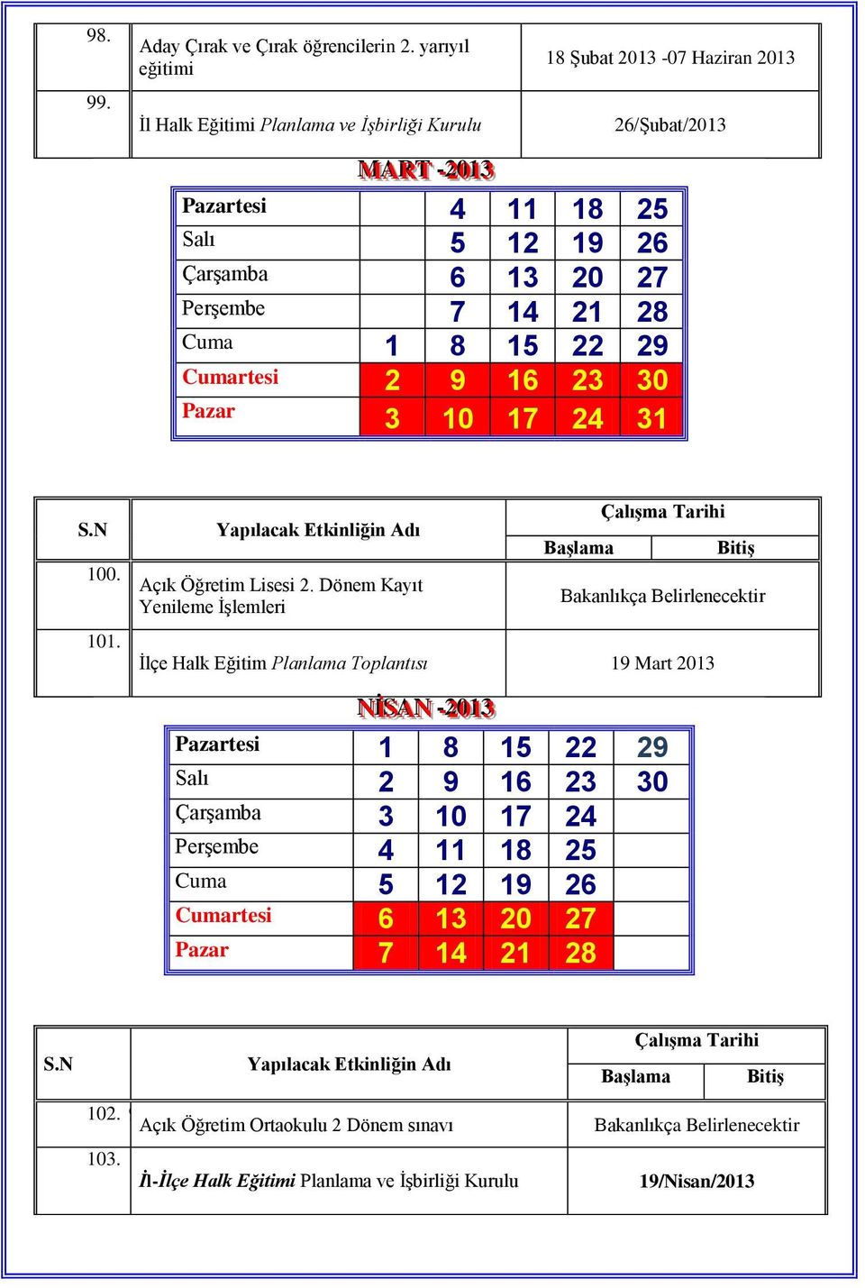 Cuma 1 8 15 22 29 Cumartesi 2 9 16 23 30 Pazar 3 10 17 24 31 100. 1 Açık Öğretim Lisesi 2. Dönem Kayıt 1 Bakanlıkça Belirlenecektir Yenileme İşlemleri 2 101.