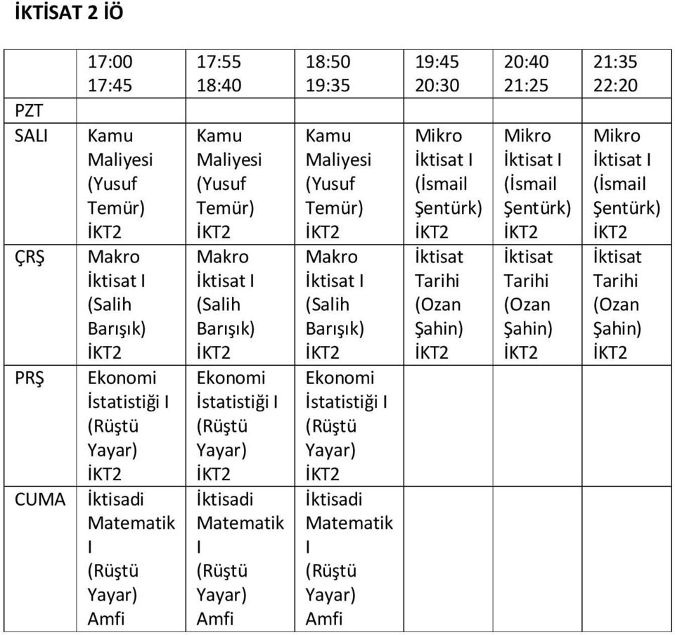 Matematik 18:50 19:35 Maliyesi (Yusuf Temür) Makro (Salih Barışık) Ekonomi İstatistiği İktisadi Matematik