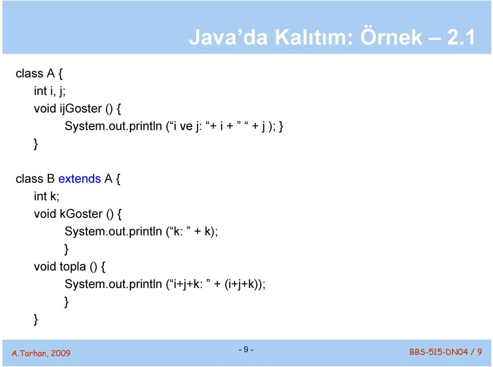 println ( i ve j: + i + + j ); class B extends A { int k; void