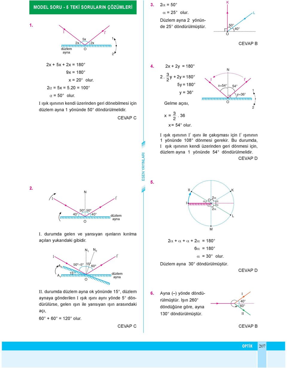 n nn ken di üze rin den ge ri dön me si için, düz lem ay na yö nün de 54 dön dü rül me li dir 5 50 50 40 40 α α α α α durumda gelen ve yansyan şnlarn krlma açlar yukardaki gibidir 50 5 5 60 5 α + α +