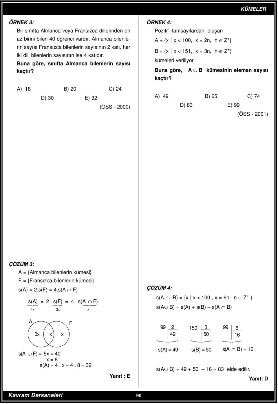 ) 18 ) 20 ) 24 D) 30 E) 32 (ÖSS - 2000) ÖRNE 4: Pozitif tamsay lardan oluflan = {x x < 100, x = 2n, n Z + } = {x x < 151, x = 3n, n Z + ) kümeleri veriliyor. una göre, kümesinin eleman say s kaçt r?