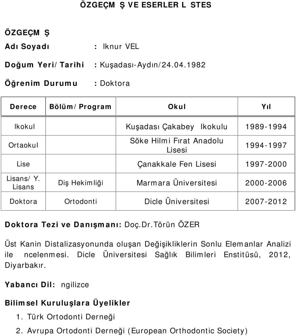 Lisans Diş Hekimliği Marmara Üniversitesi 2000-2006 Doktora Ortodonti Dicle Üniversitesi 2007-2012 Doktora Tezi ve Danışmanı: Doç.Dr.