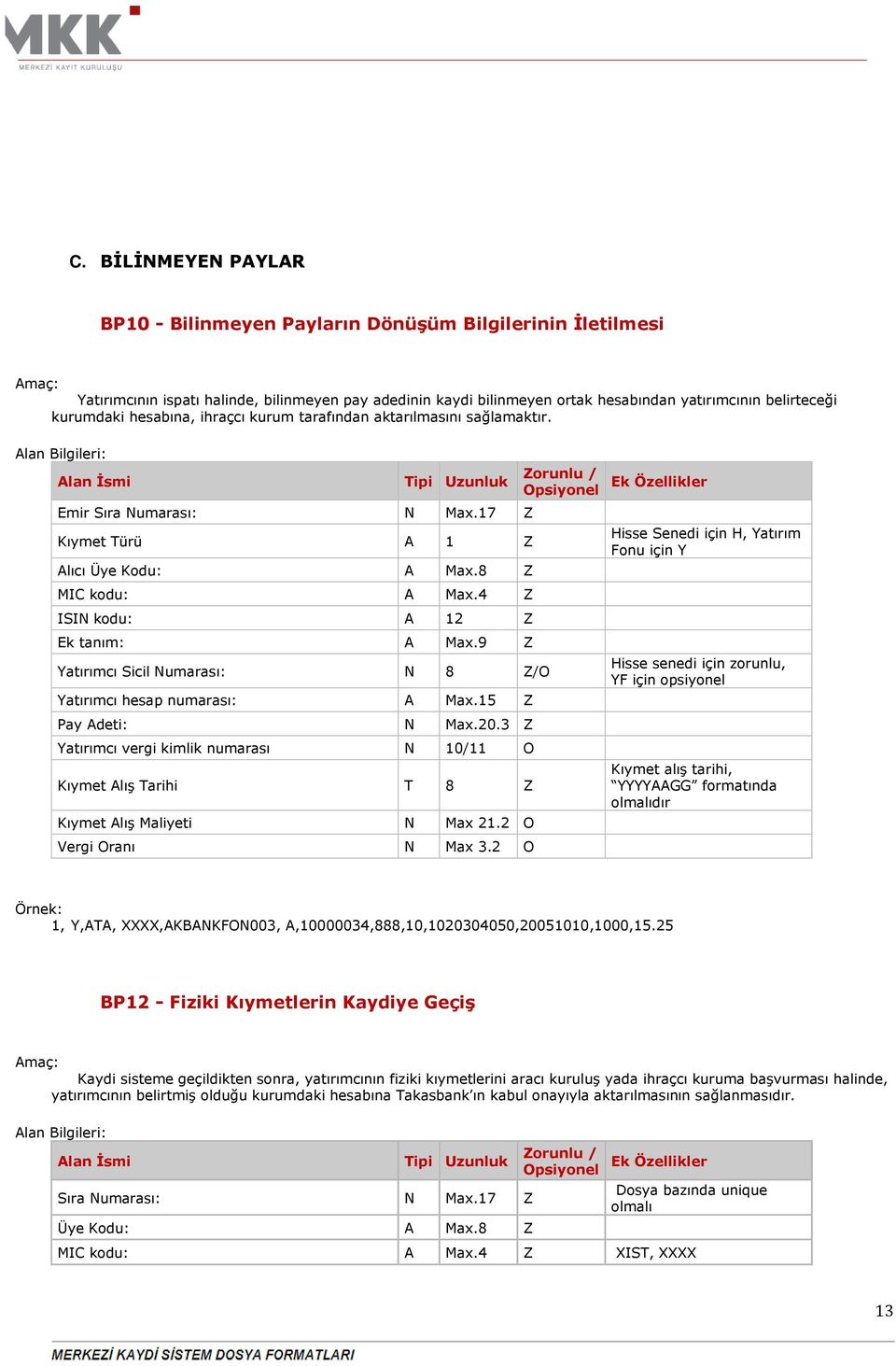 4 Z ISIN kodu: A 12 Z Ek tanım: A Max.9 Z Yatırımcı Sicil Numarası: N 8 Z/O Yatırımcı hesap numarası: A Max.15 Z Pay Adeti: N Max.20.