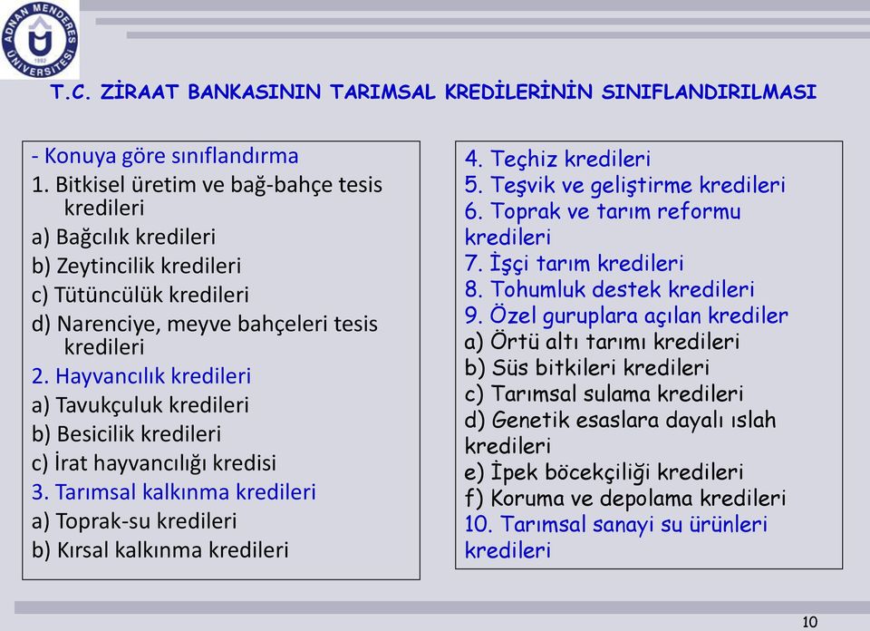 Hayvancılık kredileri a) Tavukçuluk kredileri b) Besicilik kredileri c) İrat hayvancılığı kredisi 3. Tarımsal kalkınma kredileri a) Toprak-su kredileri b) Kırsal kalkınma kredileri 4.