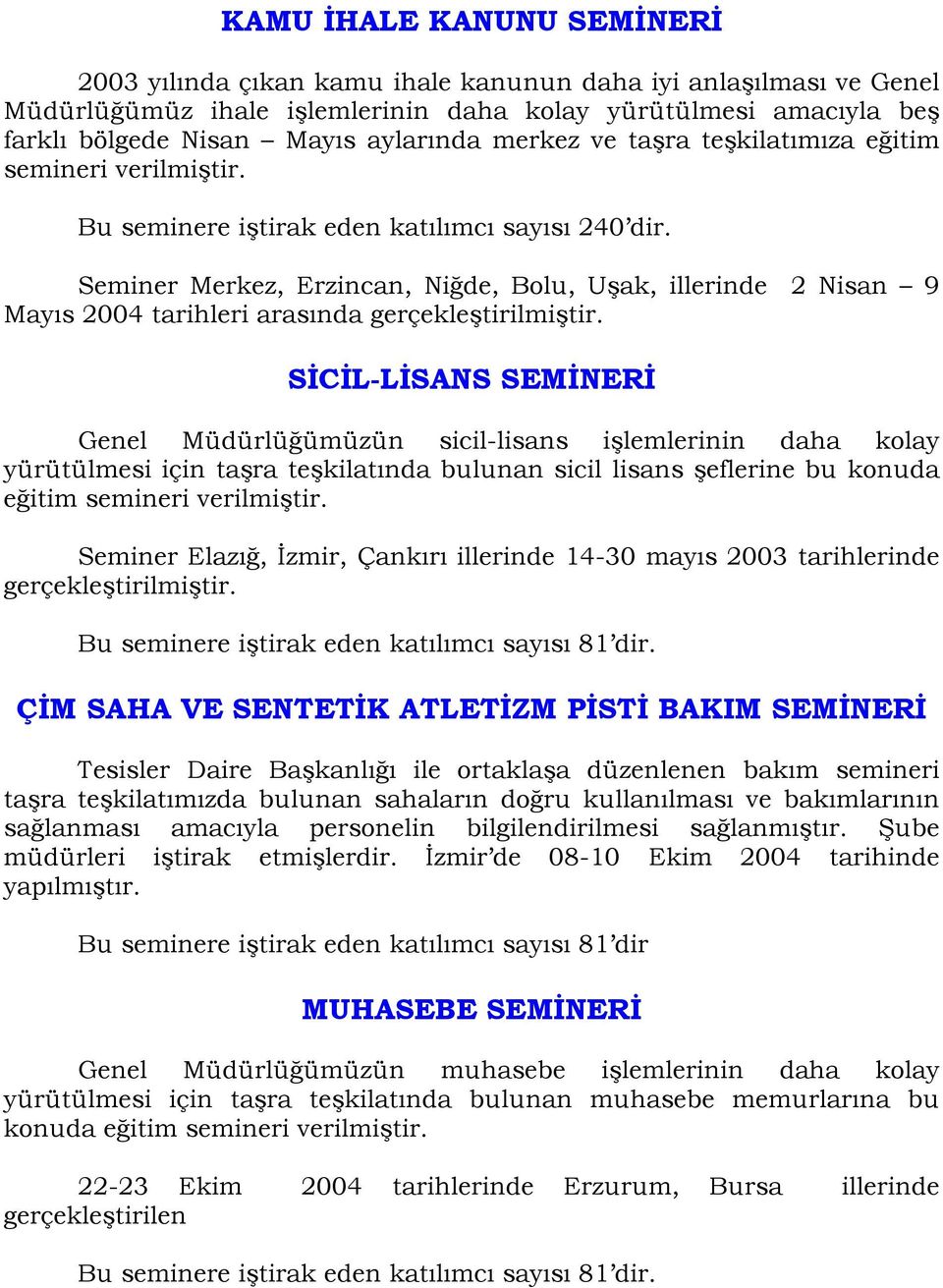Seminer Merkez, Erzincan, Niğde, Bolu, Uşak, illerinde 2 Nisan 9 Mayıs 2004 tarihleri arasında gerçekleştirilmiştir.