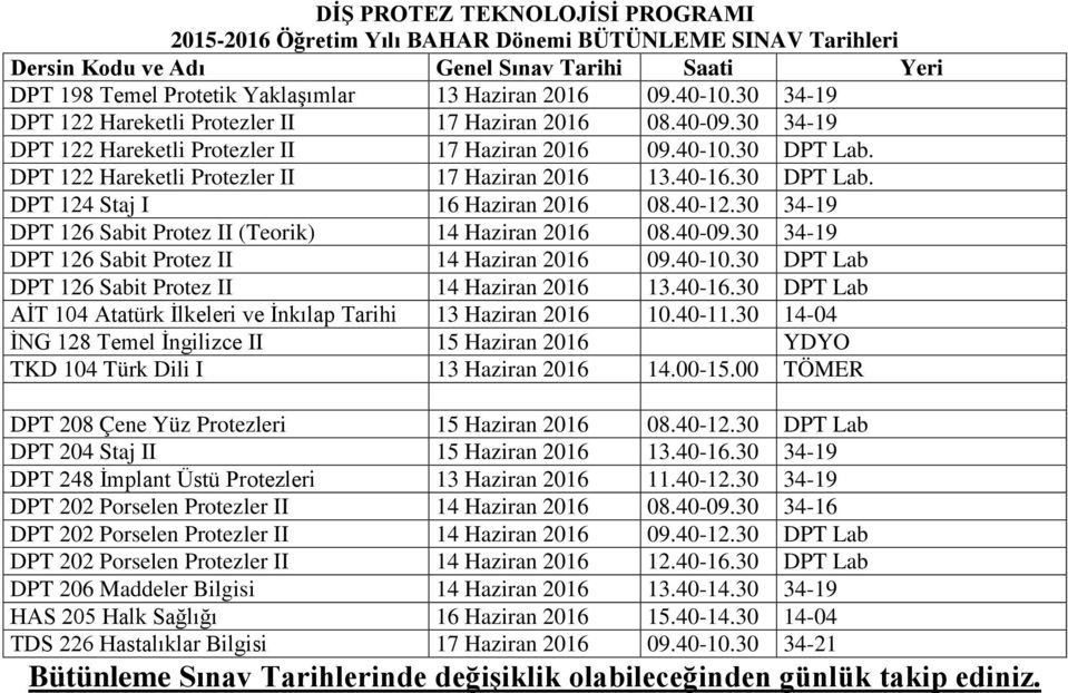 30 34-19 DPT 126 Sabit Protez II (Teorik) 14 Haziran 2016 08.40-09.30 34-19 DPT 126 Sabit Protez II 14 Haziran 2016 09.40-10.30 DPT Lab DPT 126 Sabit Protez II 14 Haziran 2016 13.40-16.