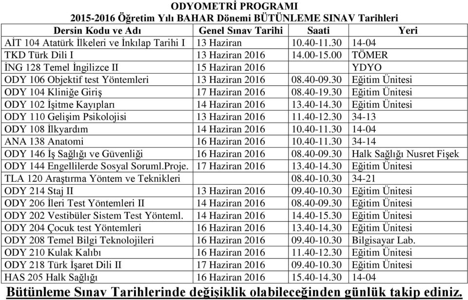 30 Eğitim Ünitesi ODY 110 Gelişim Psikolojisi 13 Haziran 2016 11.40-12.30 34-13 ODY 108 İlkyardım 14 Haziran 2016 10.40-11.30 14-04 ANA 138 Anatomi 16 Haziran 2016 10.40-11.30 34-14 ODY 146 İş Sağlığı ve Güvenliği 16 Haziran 2016 08.