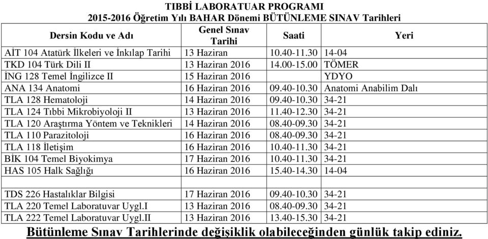 30 34-21 TLA 120 Araştırma Yöntem ve Teknikleri 14 Haziran 2016 08.40-09.30 34-21 TLA 110 Parazitoloji 16 Haziran 2016 08.40-09.30 34-21 TLA 118 İletişim 16 Haziran 2016 10.40-11.