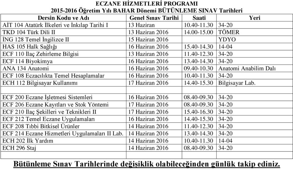 30 Anatomi Anabilim Dalı ECF 108 Eczacılıkta Temel Hesaplamalar 16 Haziran 2016 10.40-11.30 34-20 ECH 112 Bilgisayar Kullanımı 17 Haziran 2016 14.40-15.30 Bilgisayar Lab.