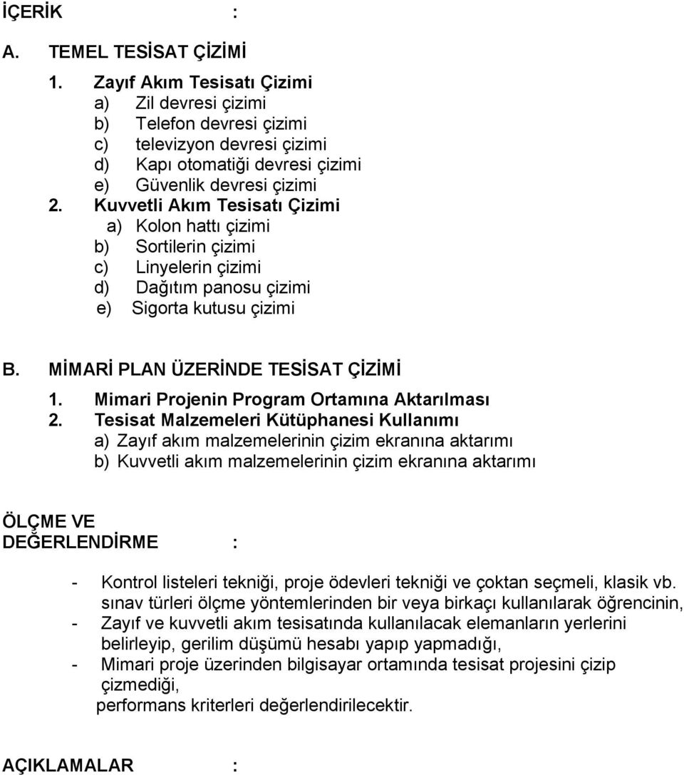 Kuvvetli Akım Tesisatı Çizimi a) Kolon hattı çizimi b) Sortilerin çizimi c) Linyelerin çizimi d) Dağıtım panosu çizimi e) Sigorta kutusu çizimi B. MİMARİ PLAN ÜZERİNDE TESİSAT ÇİZİMİ 1.