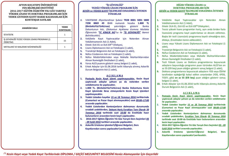 VAKIFBANK Afyonkarahisar Şubesi TR28 0001 5001 5800 7298 8869 49 IBAN numaralı hesaba 1.