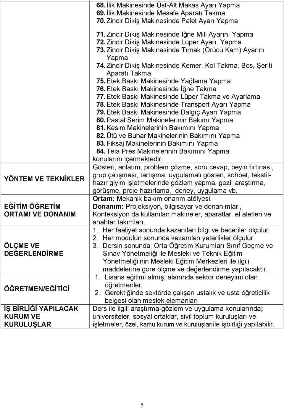 Zincir Dikiş Makinesinde İğne Mili Ayarını Yapma 72. Zincir Dikiş Makinesinde Lüper Ayarı Yapma 73. Zincir Dikiş Makinesinde Tırnak (Örücü Kam) Ayarını Yapma 74.