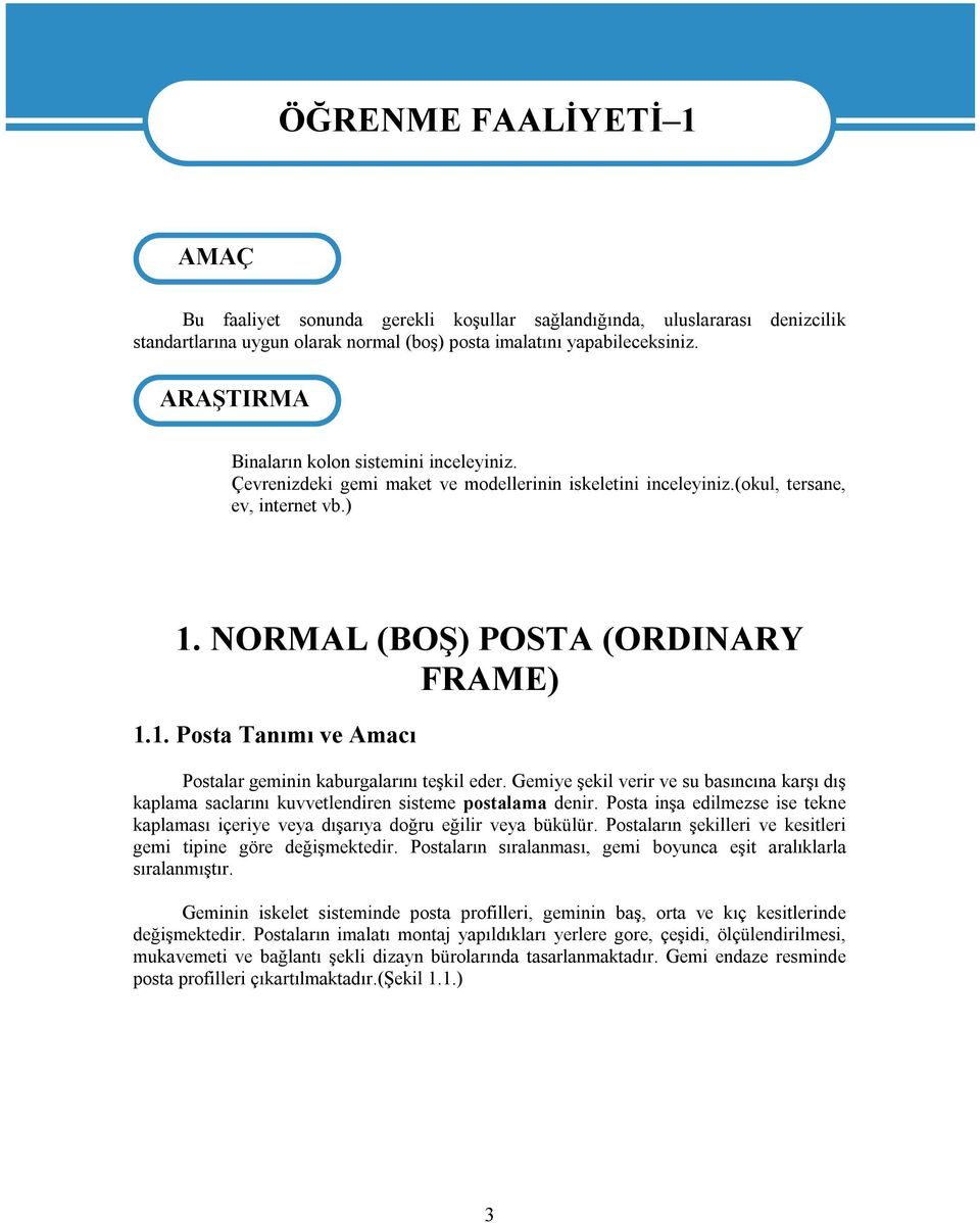 NORMAL (BOŞ) POSTA (ORDINARY FRAME) 1.1. Posta Tanımı ve Amacı Postalar geminin kaburgalarını teşkil eder.
