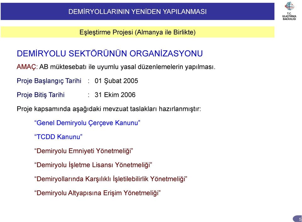 Proje Başlangıç Tarihi : 01 Şubat 2005 Proje Bitiş Tarihi : 31 Ekim 2006 Proje kapsamında aşağıdaki mevzuat taslakları