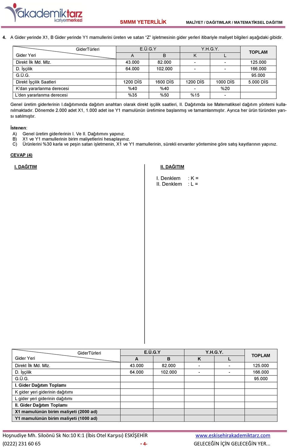 000 DİS K dan yararlanma derecesi %40 %40 - %20 L den yararlanma derecesi %35 %50 %15 - Genel üretim giderlerinin I.dağıtımında dağıtım anahtarı olarak direkt işçilik saatleri, II.