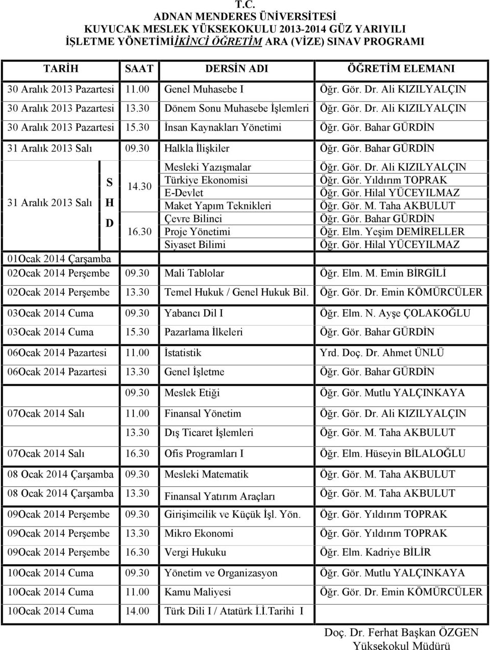 li Tablolar Öğr. Elm. M. Emin BİRGİLİ 02Ocak 2014 Perşembe 13.30 Temel Hukuk / Genel Hukuk Bil. Öğr. Gör. Dr. Emin KÖMÜRCÜLER 03Ocak 2014 Cuma 15.30 Pazarlama İlkeleri 06Ocak 2014 Pazartesi 11.