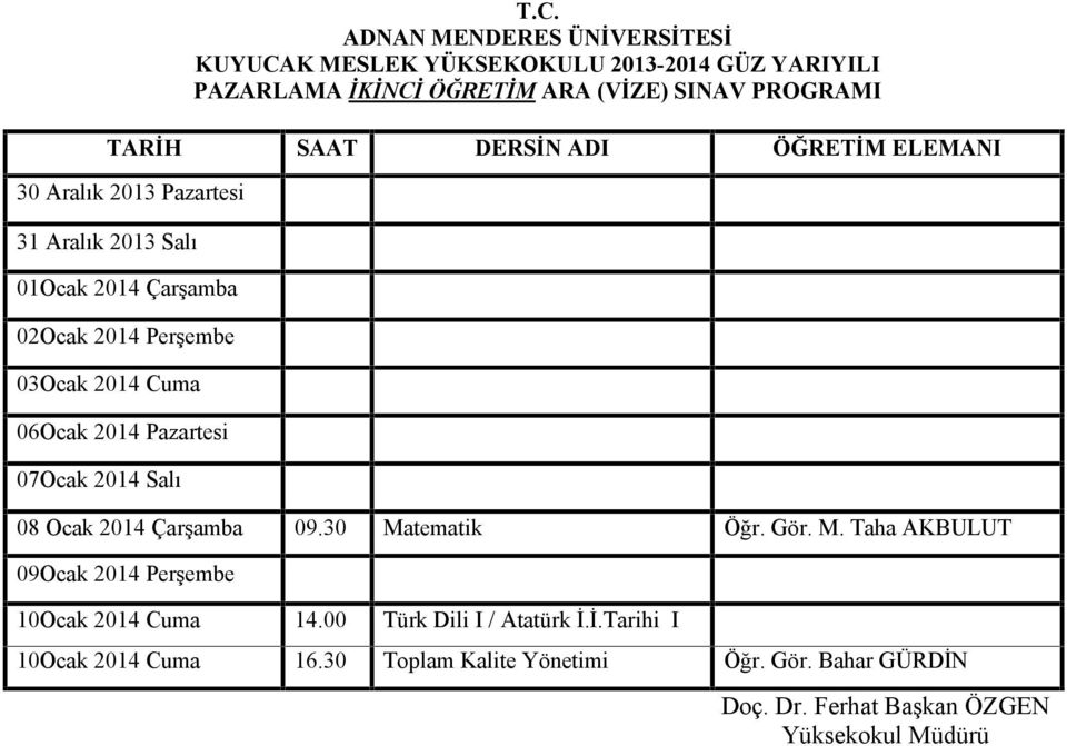 Pazartesi 07Ocak 2014 Salı 08 Ocak 2014 Çarşamba 09.30 Matematik Öğr. Gör.