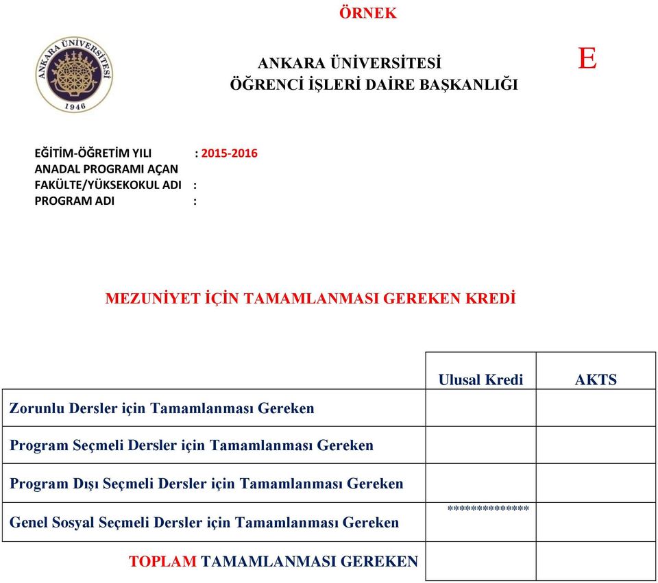 Tamamlanması Gereken Program Dışı Seçmeli Dersler için Tamamlanması Gereken Genel