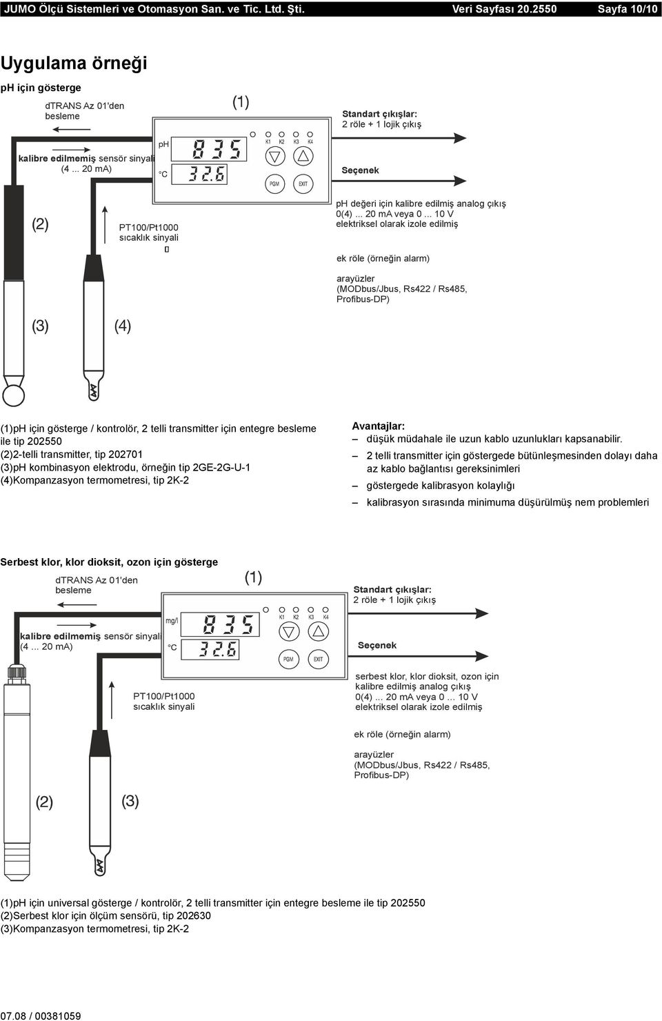 .. 10 V elektriksel olarak izole edilmiş ek röle (örneğin alarm) arayüzler (MODbus/Jbus, Rs422 / Rs485, Profibus-DP) (1)pH için gösterge / kontrolör, 2 telli transmitter için entegre besleme ile tip