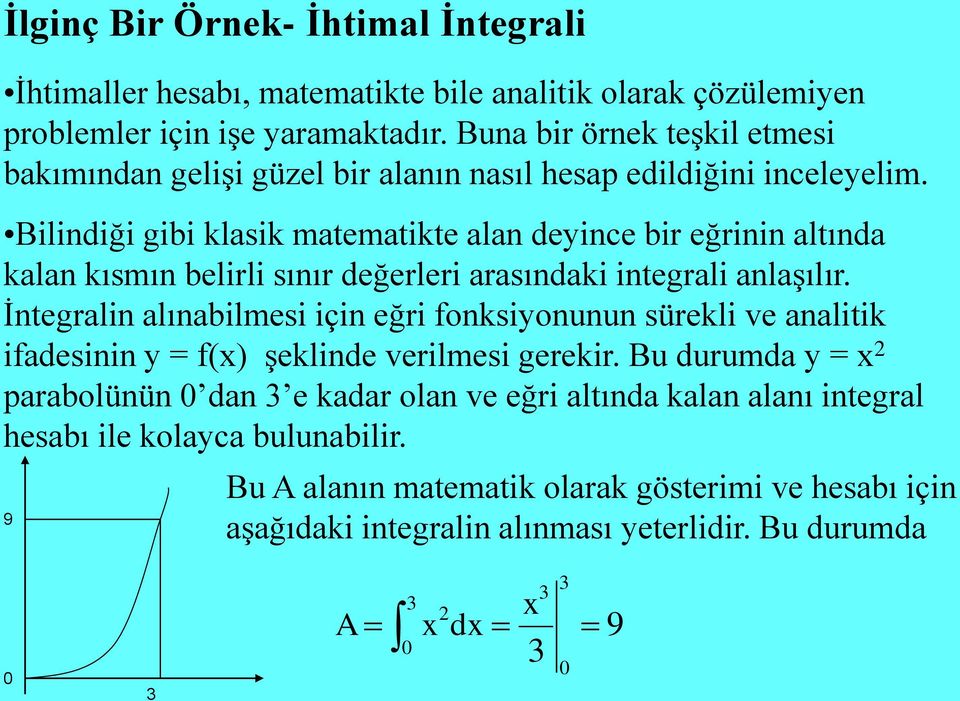 Bilindiği gibi klasik matematikte alan deyince bir eğrinin altında kalan kısmın belirli sınır değerleri arasındaki integrali anlaşılır.