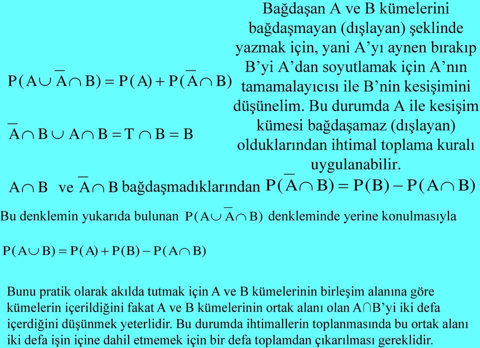 B ve A B bağdaşmadıklarından P( A B) P( B) P( A B) Bu denklemin yukarıda bulunan P( A A B) denkleminde yerine konulmasıyla P( A B) P( A) P( B) P( A B) Bunu pratik olarak akılda tutmak için A ve B