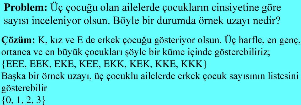 Üç harfle, en genç, ortanca ve en büyük çocukları şöyle bir küme içinde gösterebiliriz; {EEE, EEK,