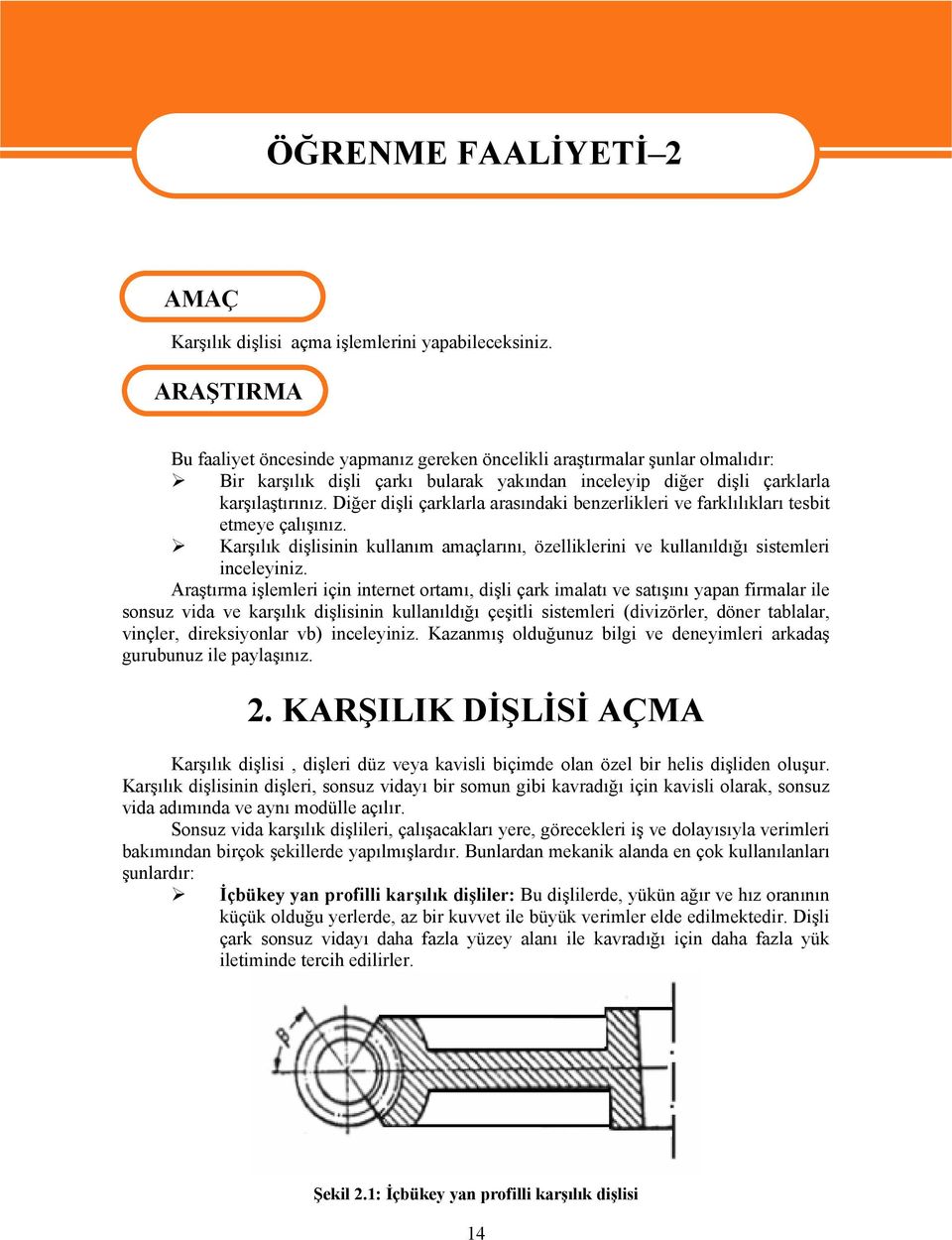 Diğer dişli çarklarla arasındaki benzerlikleri ve farklılıkları tesbit etmeye çalışınız. Karşılık dişlisinin kullanım amaçlarını, özelliklerini ve kullanıldığı sistemleri inceleyiniz.