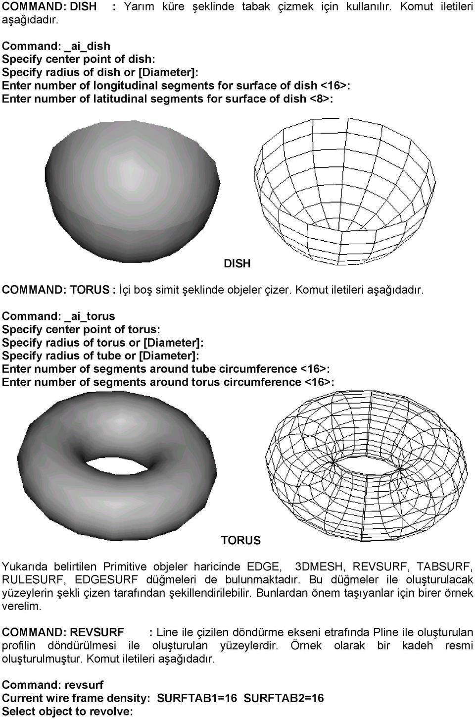 segments for surface of dish <8>: DISH COMMAND: TORUS : İçi boş simit şeklinde objeler çizer. Komut iletileri aşağıdadır.