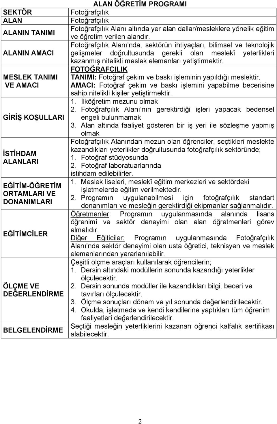 Fotoğrafçılık Alanı nda, sektörün ihtiyaçları, bilimsel ve teknolojik gelişmeler doğrultusunda gerekli olan meslekî yeterlikleri kazanmış nitelikli meslek elemanları yetiştirmektir.