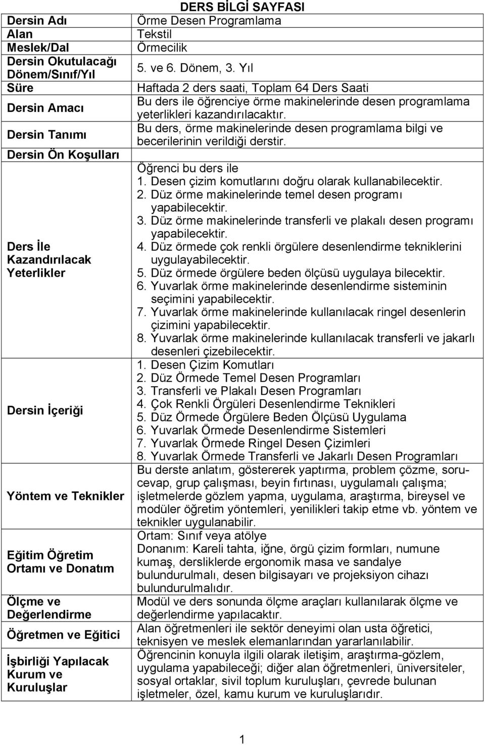 Yıl Haftada 2 ders saati, Toplam 64 Ders Saati Bu ders ile öğrenciye örme makinelerinde desen programlama yeterlikleri kazandırılacaktır.