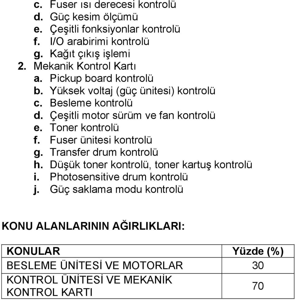 Çeşitli motor sürüm ve fan kontrolü e. Toner kontrolü f. Fuser ünitesi kontrolü g. Transfer drum kontrolü h.