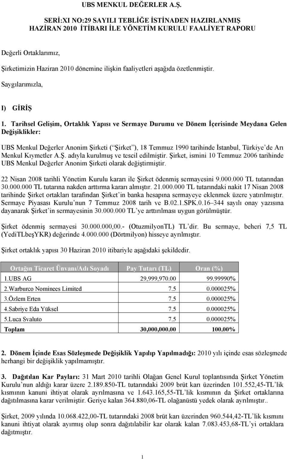 Tarihsel Gelişim, Ortaklık Yapısı ve Sermaye Durumu ve Dönem İçerisinde Meydana Gelen Değişiklikler: UBS Menkul Değerler Anonim Şirketi ( Şirket ), 18 Temmuz 1990 tarihinde İstanbul, Türkiye de Arı