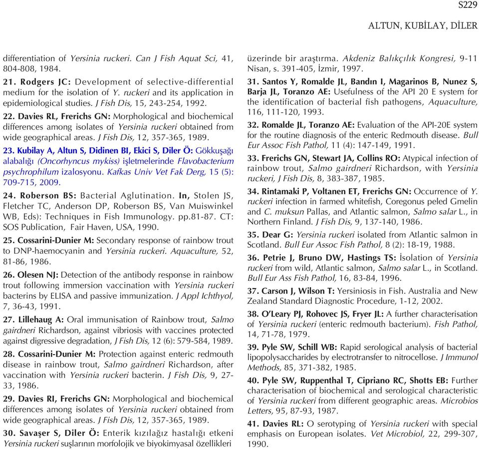 Davies RL, Frerichs GN: Morphological and biochemical differences among isolates of Yersinia ruckeri obtained from wide geographical areas. J Fish Dis, 12, 357-365, 1989. 23.