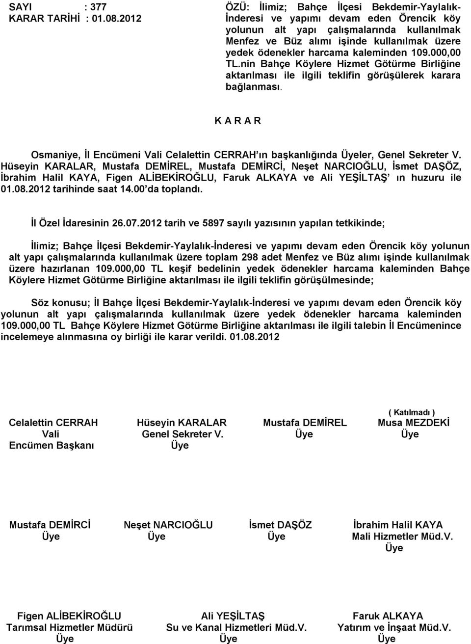 harcama kaleminden 109.000,00 TL.nin Bahçe Köylere Hizmet Götürme Birliğine aktarılması ile ilgili teklifin görüşülerek karara bağlanması.