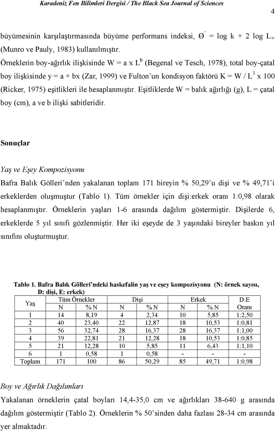 eşitlikleri ile hesaplanmıştır. Eşitliklerde W = balık ağırlığı (g), L = çatal boy (cm), a ve b ilişki sabitleridir.