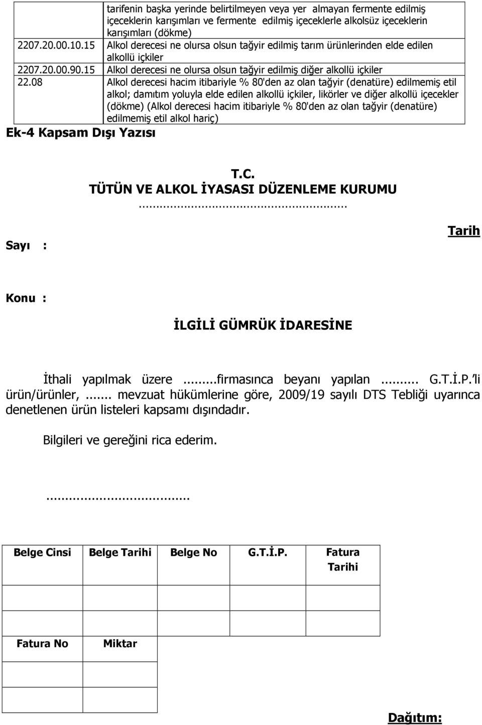 08 Alkol derecesi hacim itibariyle % 80'den az olan tağyir (denatüre) edilmemiş etil (dökme) (Alkol derecesi hacim itibariyle % 80'den az olan tağyir (denatüre) edilmemiş etil alkol hariç) Ek-4