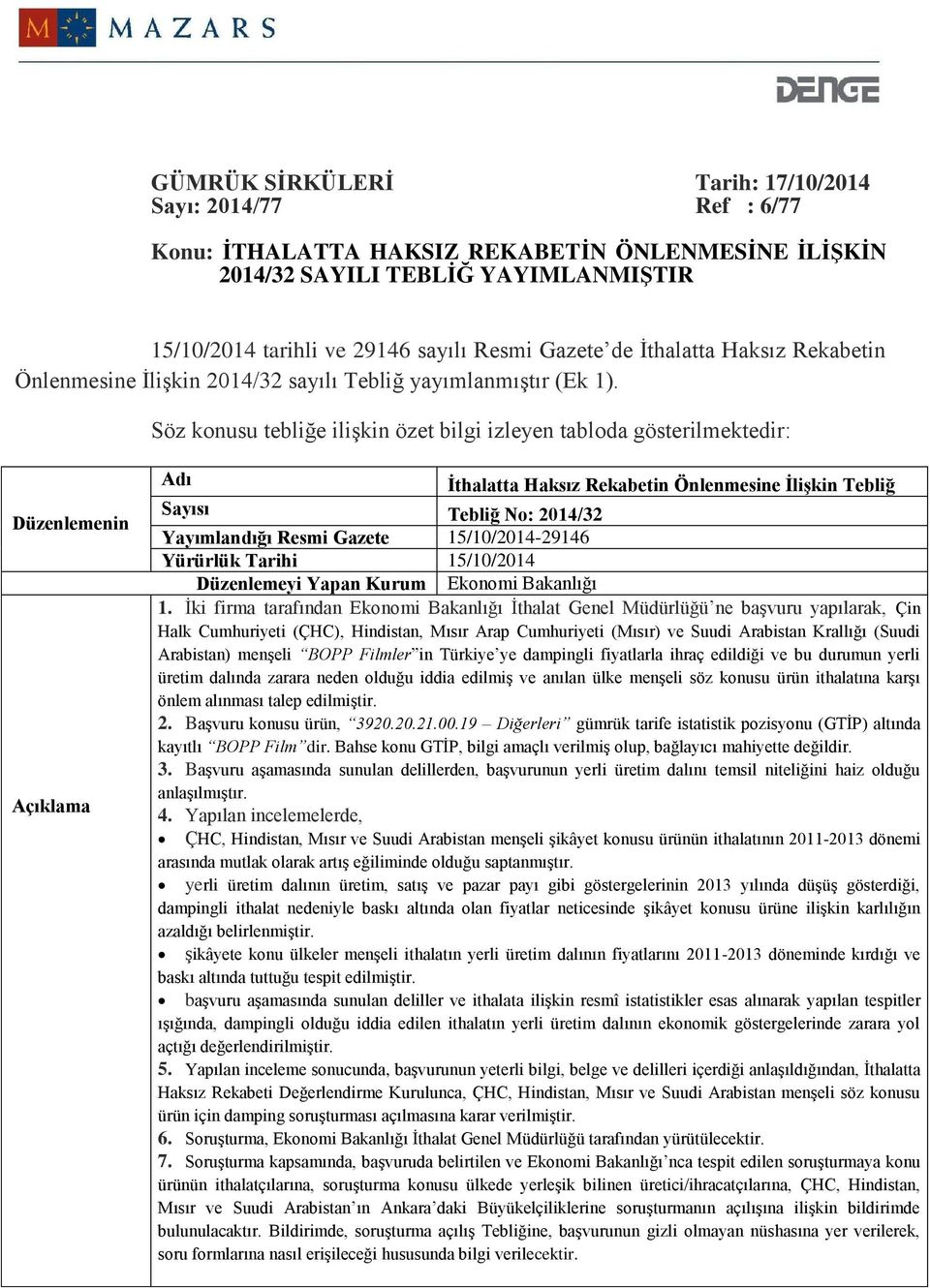 Söz konusu tebliğe ilişkin özet bilgi izleyen tabloda gösterilmektedir: Düzenlemenin Açıklama Adı İthalatta Haksız Rekabetin Önlenmesine İlişkin Tebliğ Sayısı Tebliğ No: 2014/32 Yayımlandığı Resmi