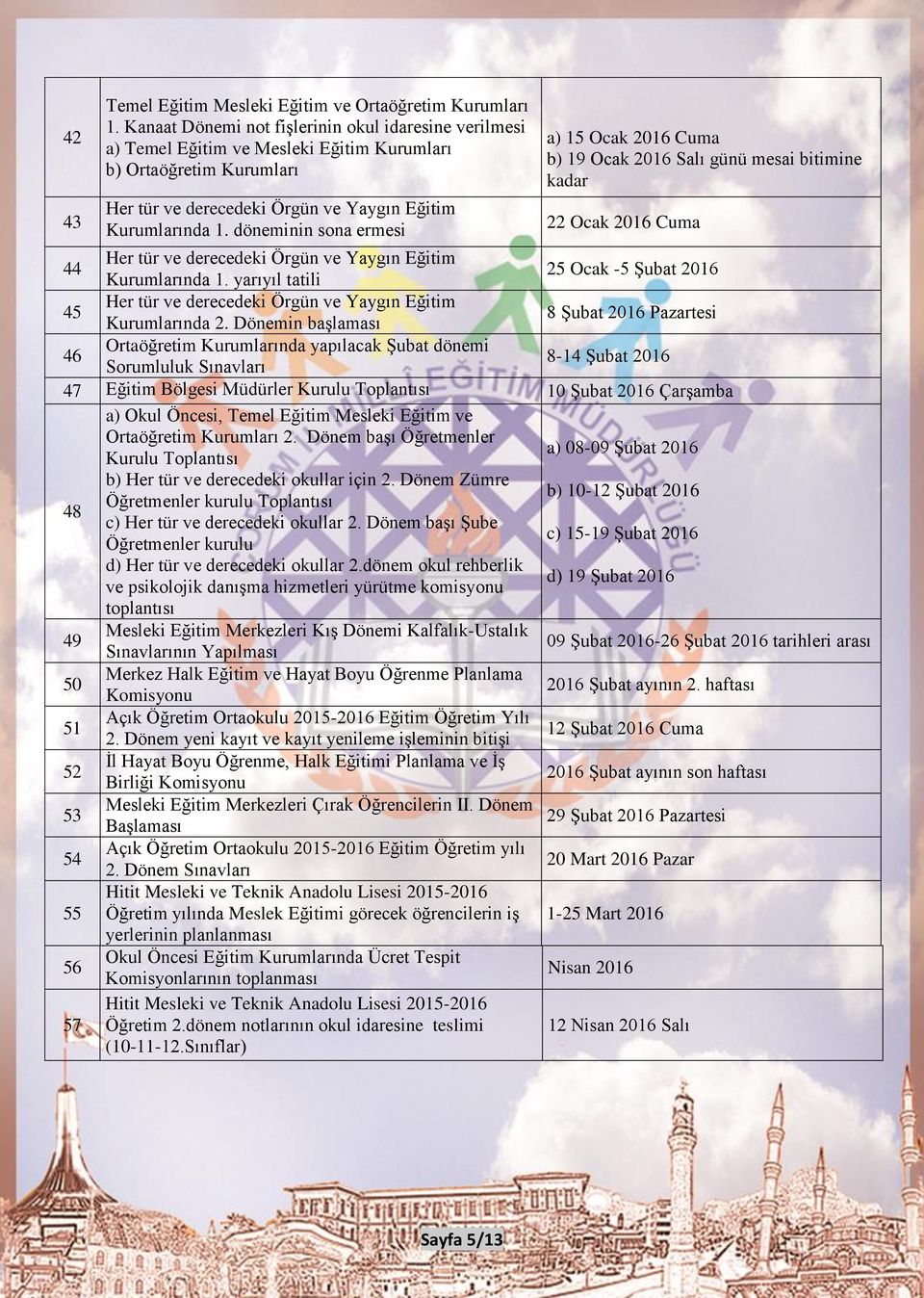 döneminin sona ermesi a) 15 Ocak 2016 Cuma b) 19 Ocak 2016 Salı günü mesai bitimine kadar 22 Ocak 2016 Cuma 44 Her tür ve derecedeki Örgün ve Yaygın Eğitim Kurumlarında 1.