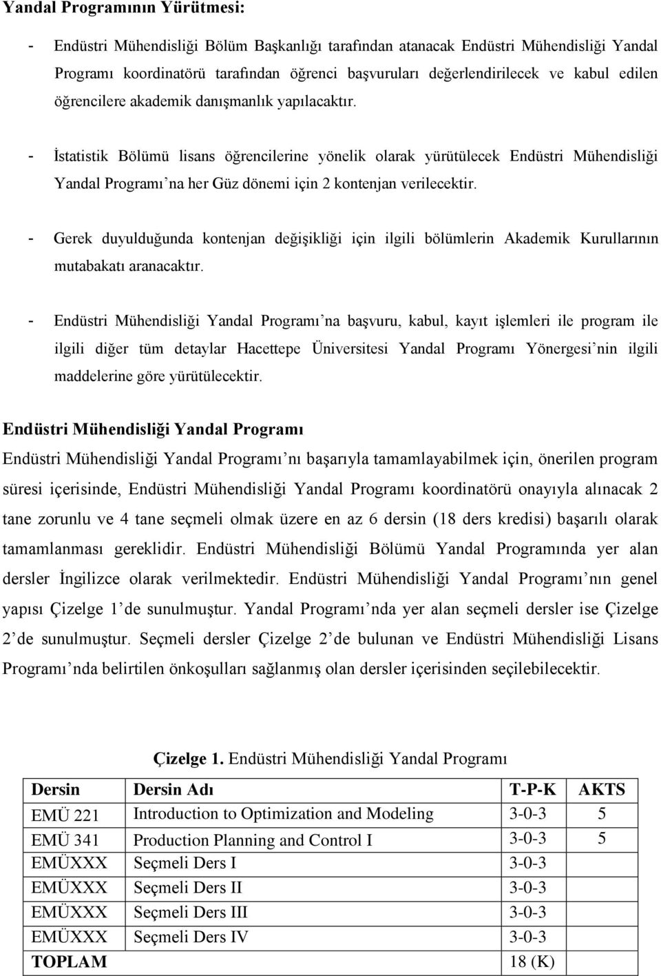 - İstatistik Bölümü lisans öğrencilerine yönelik olarak yürütülecek Endüstri Mühendisliği Yandal Programı na her Güz dönemi için 2 kontenjan verilecektir.