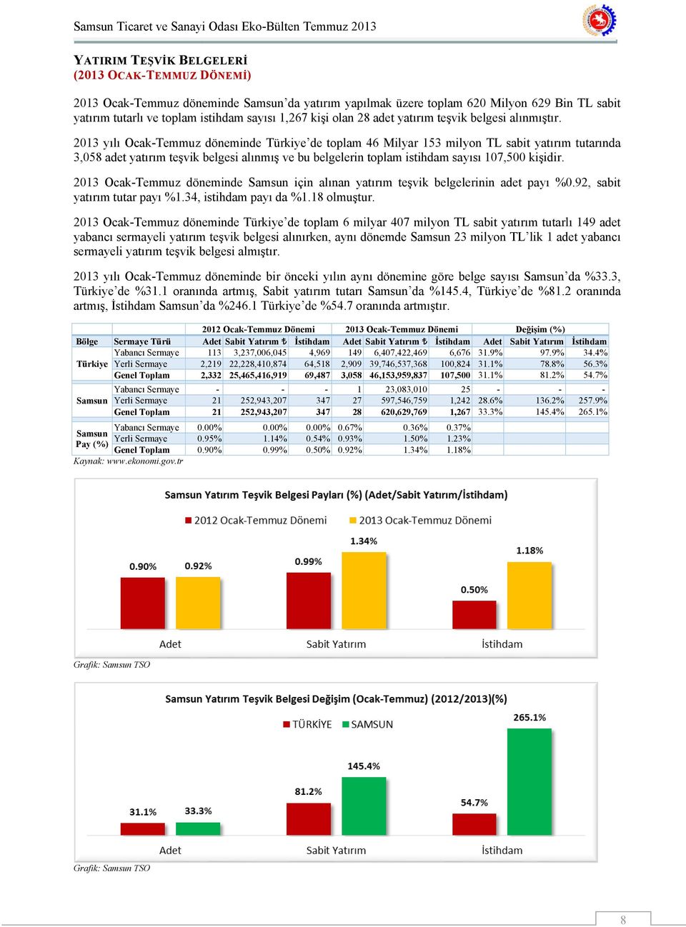 2013 yılı Ocak-Temmuz döneminde Türkiye de toplam 46 Milyar 153 milyon TL sabit yatırım tutarında 3,058 adet yatırım teşvik belgesi alınmış ve bu belgelerin toplam istihdam sayısı 107,500 kişidir.