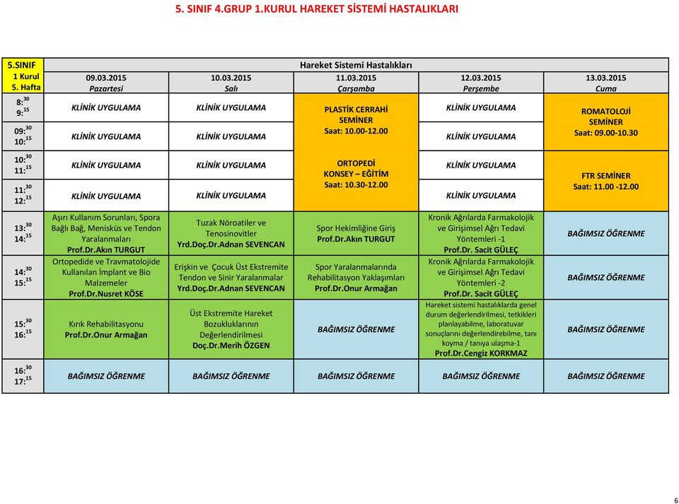 Doç.Dr.Adnan SEVENCAN Üst Ekstremite Hareket Bozukluklarının Değerlendirilmesi Doç.Dr.Merih ÖZGEN Spor Hekimliğine Giriş Prof.Dr.Akın TURGUT Spor Yaralanmalarında Rehabilitasyon Yaklaşımları Kronik Ağrılarda Farmakolojik ve Girişimsel Ağrı Tedavi Yöntemleri -1 Prof.