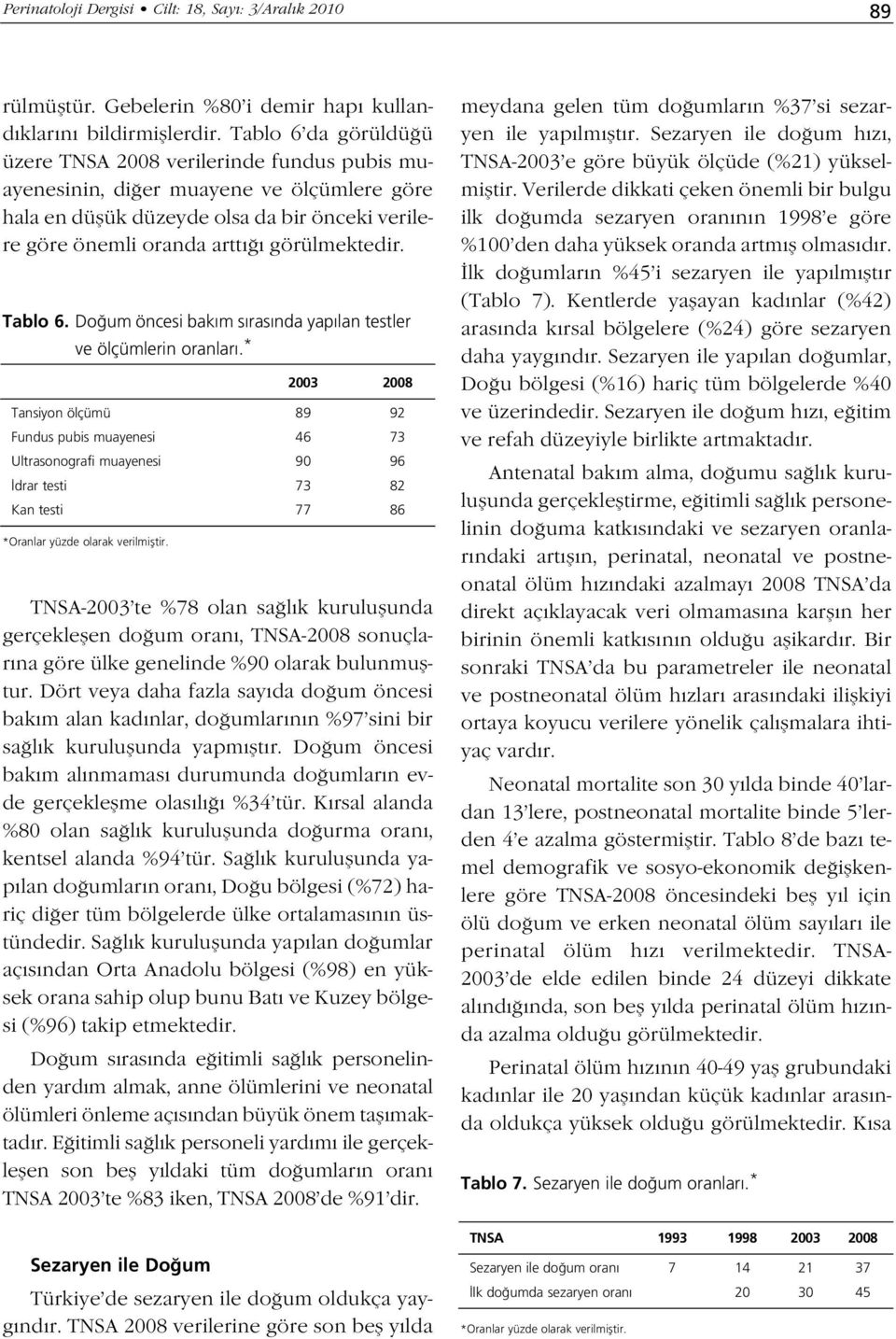 Tablo 6. Do um öncesi bak m s ras nda yap lan testler ve ölçümlerin oranlar.