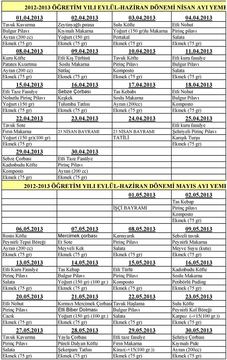 04.2013 18.04.2013 Etli Taze Fasulye Sebze Çorbası Tas Kebabı Etli Nohut Nohutlu Pirinç Pilavı Keşkek Soslu Makarna Tulumba Tatlısı Ayran (200cc) Komposto 22.04.2013 23.04.2013 24.04.2013 25.04.2013 Tavuk Sote Etli kuru fasulye Fırın Makarna 23 NİSAN BAYRAMI 23 NİSAN BAYRAMI Şehriyeli Pirinç Pilavı (100 gr) TATİLİ Karışık Turşu 29.