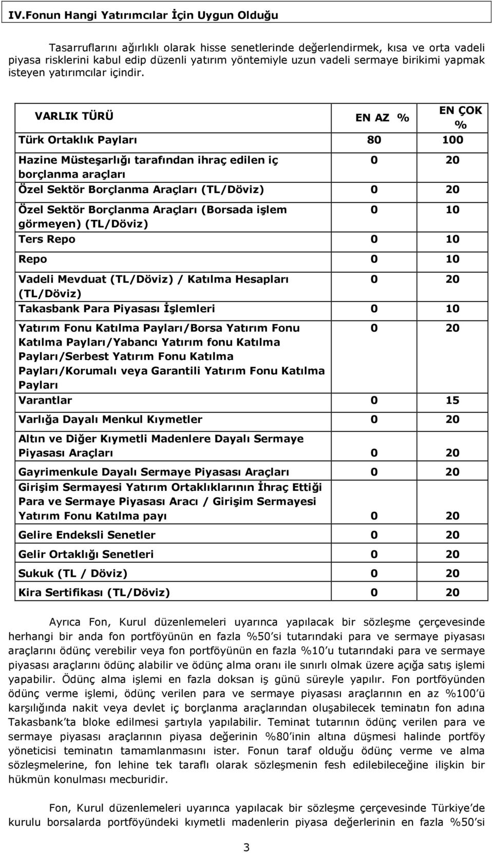 VARLIK TÜRÜ EN AZ % EN ÇOK % Türk Ortaklık Payları 80 100 Hazine Müsteşarlığı tarafından ihraç edilen iç borçlanma araçları 0 20 Özel Sektör Borçlanma Araçları (TL/Döviz) 0 20 Özel Sektör Borçlanma