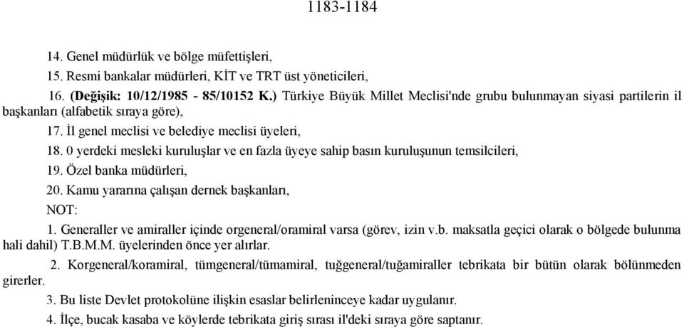 0 yerdeki mesleki kuruluşlar ve en fazla üyeye sahip basın kuruluşunun temsilcileri, 19. Özel banka müdürleri, 20. Kamu yararına çalışan dernek başkanları, NOT: 1.